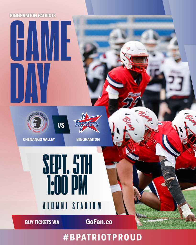 game day graphic with information about football game against chenango valley featuring image of binghamton quarterback lined up to take snap from offensive line