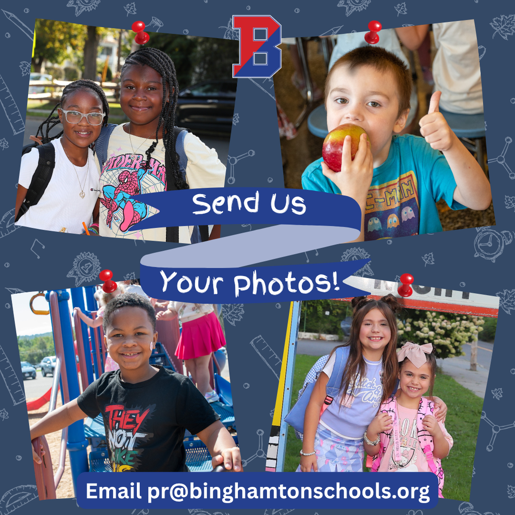 graphic with four images of binghamton students on first day of school