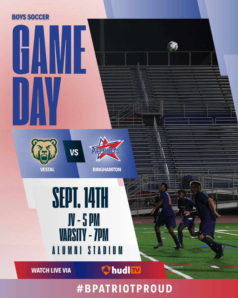 game day graphic with information about boys soccer game against vestal