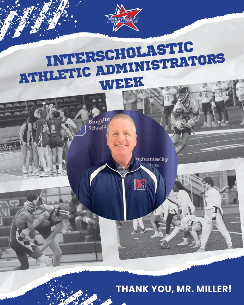 graphic with image of athletic director dan miller and images of girls basketball team in huddle, lacrosse player running across field, wrestlers grappling during match, and flag football players lined up before snap