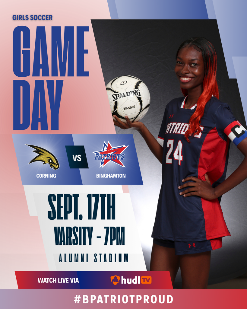 game day graphic with information about girls soccer game against corning