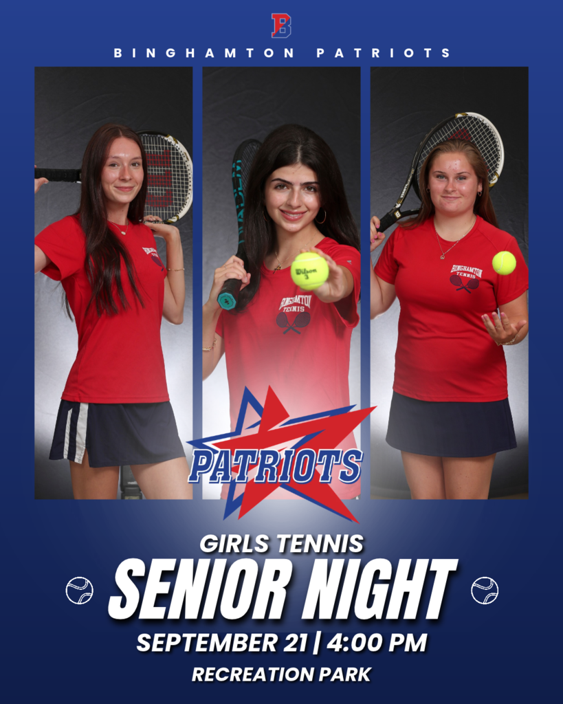 girls tennis graphic with information about senior night and photos of three binghamton senior girls tennis players holding rackets