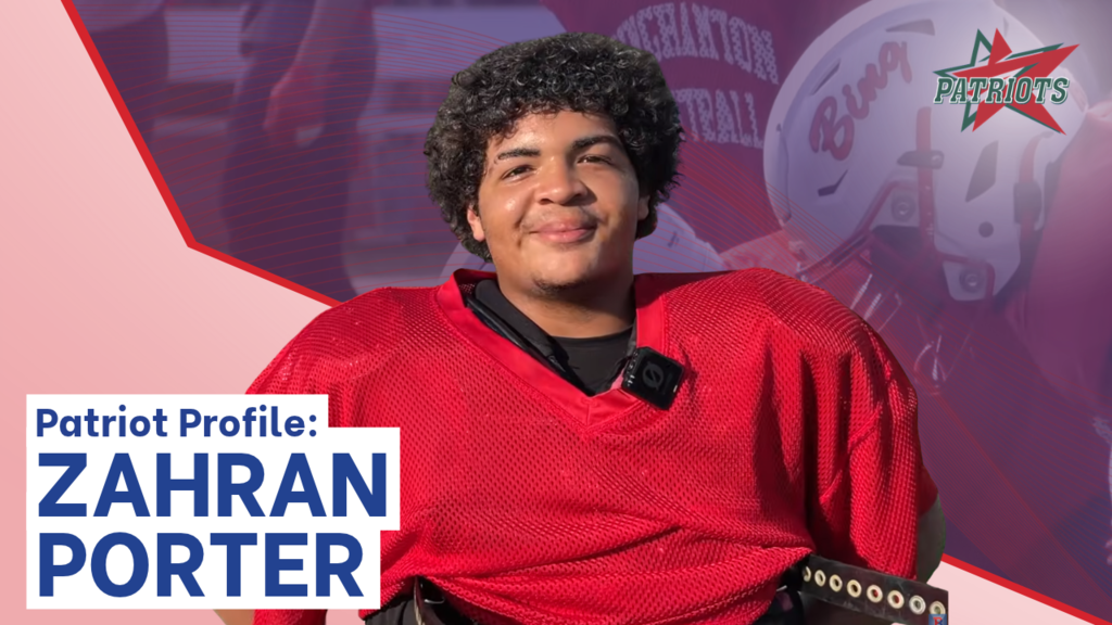 Showcase Sports TV Patriot Profile graphic with image of Zahran Porter