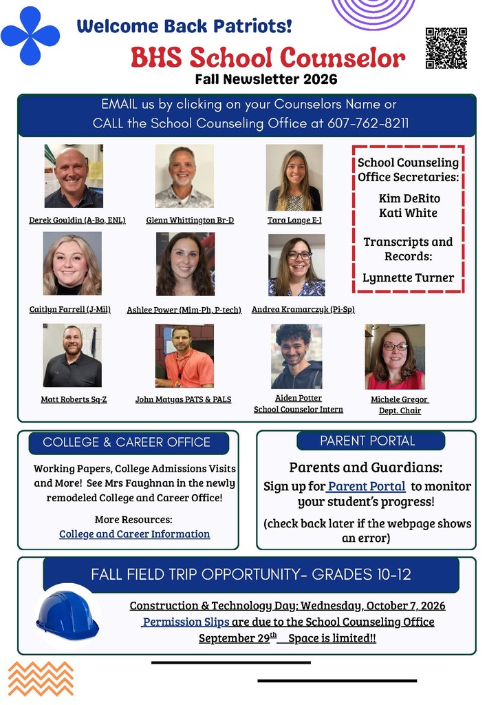 cover page of bhs school counselor newsletter with images of all school counselors