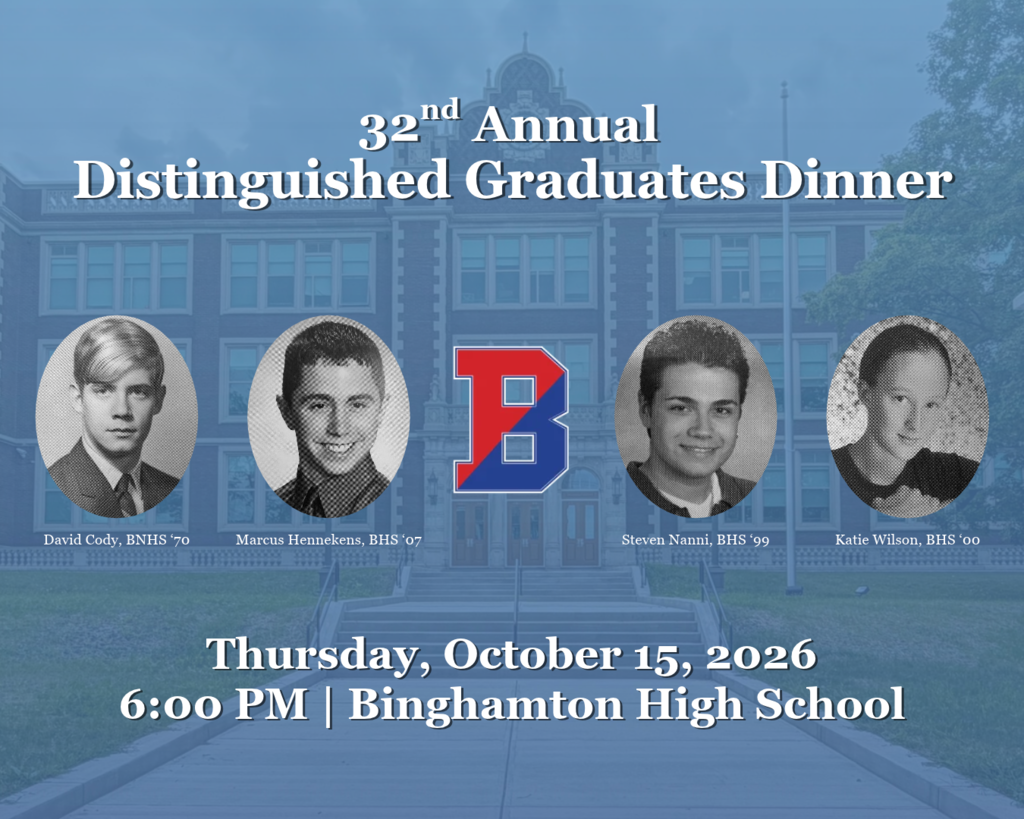distinguished graduates dinner graphic with yearbook photos of David Cody, Marcus Hennekens, Steven Nanni, and Katie Wilson
