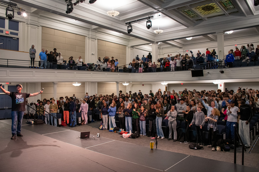 "Think Kindness" presenter Brian Williams takes selfie with auditorium full of students at Binghamton High School