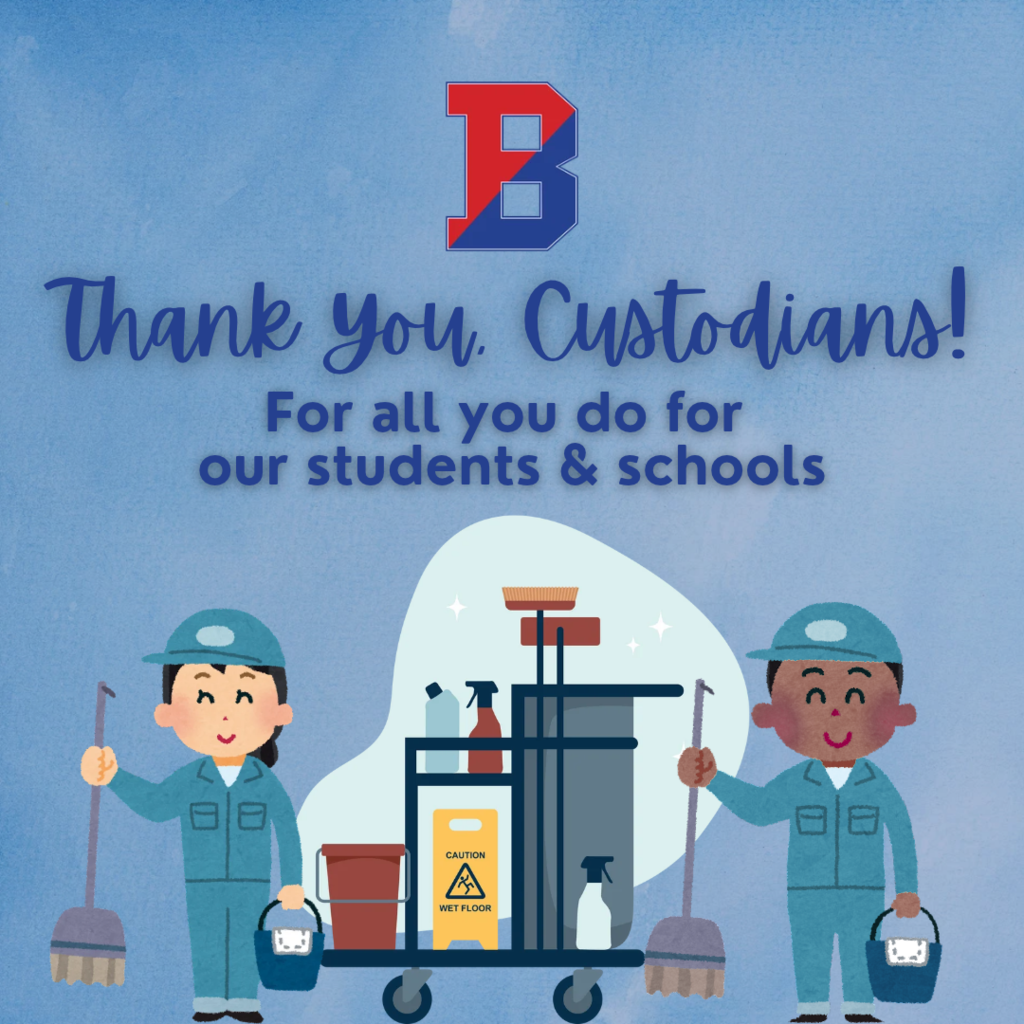 graphic thanking custodians with illustrated images of female and male custodians holding brooms and buckets