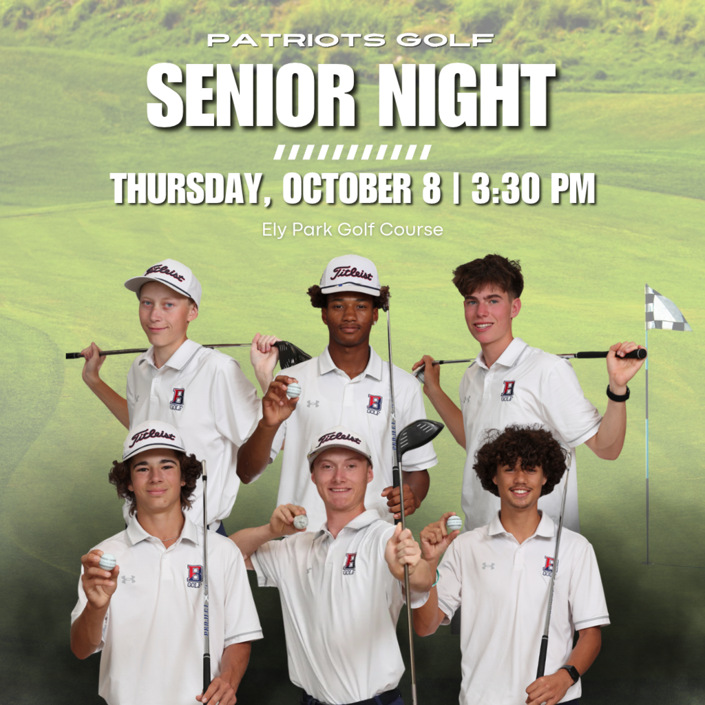 graphic with information regarding binghamton golf senior night featuring images of six golfers holding clubs