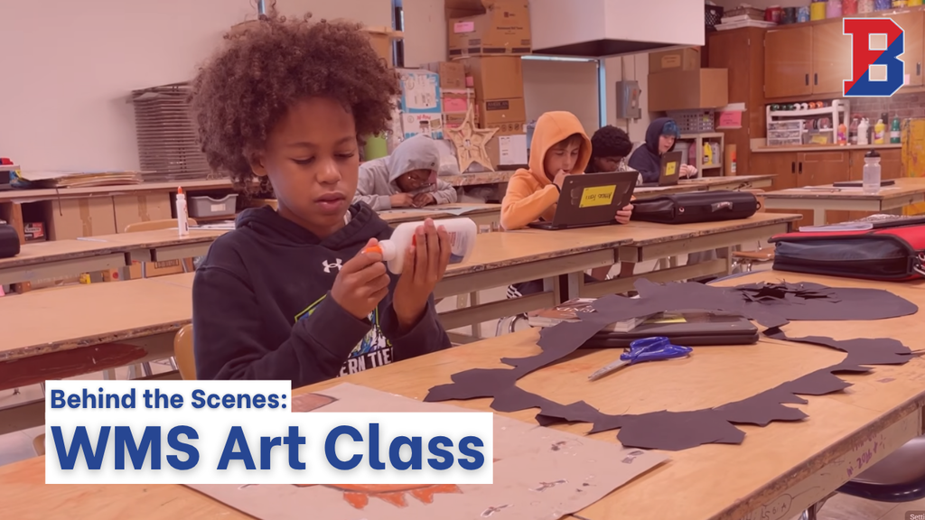showcase arts tv graphic with image of wms student opening bottle of glue with art project in front of him on table