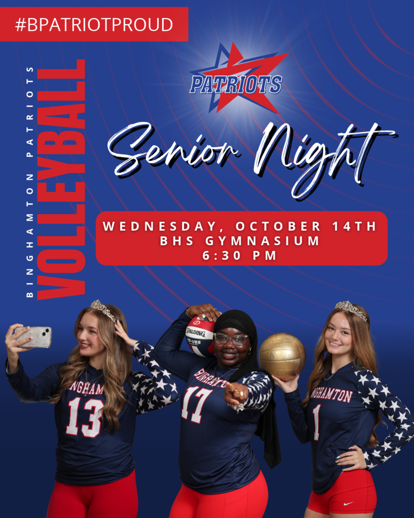 volleyball senior night graphic with images of three bhs senior vollyeball players and information about senior night celebration