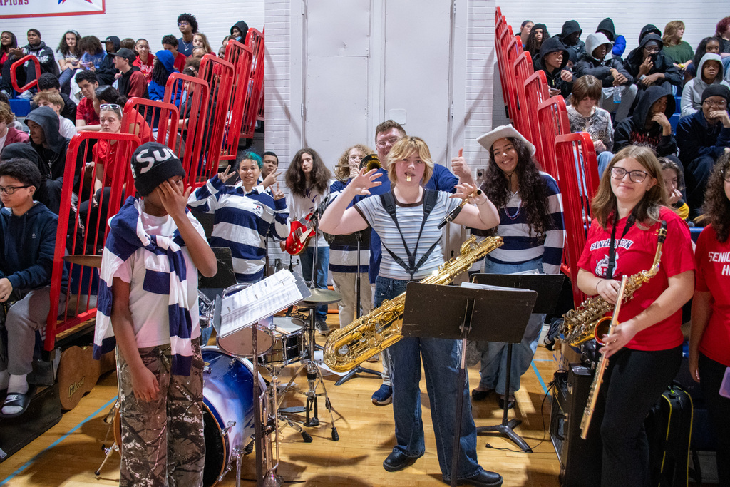 bhs pep band poses for photo