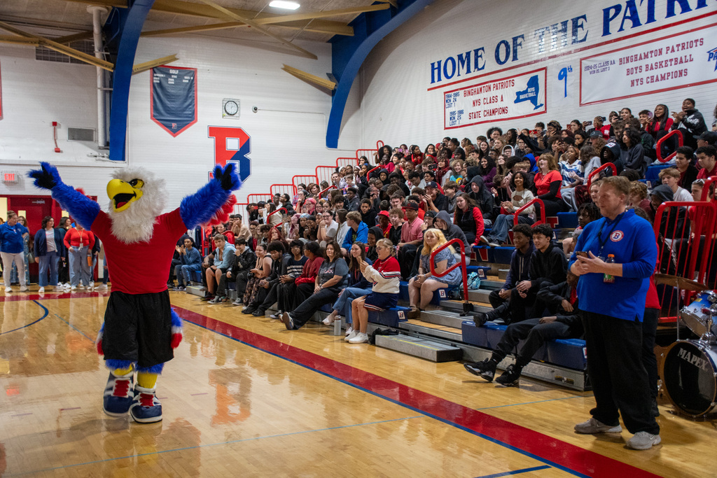 bhs patriotic eagle mascot swoop pumps up crowd inside gymnasium