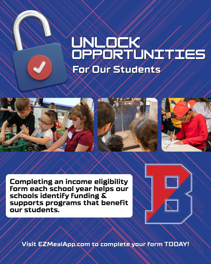 income eligibility form graphic with pictures of students doing work in classrooms