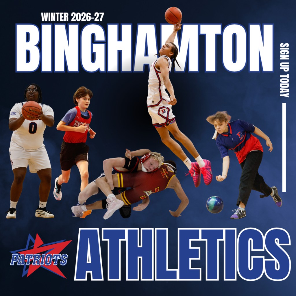 winter athletics sign up graphic with images of girls basketball player, indoor track runner, wrestlers, boys basketball player, and girls bowler