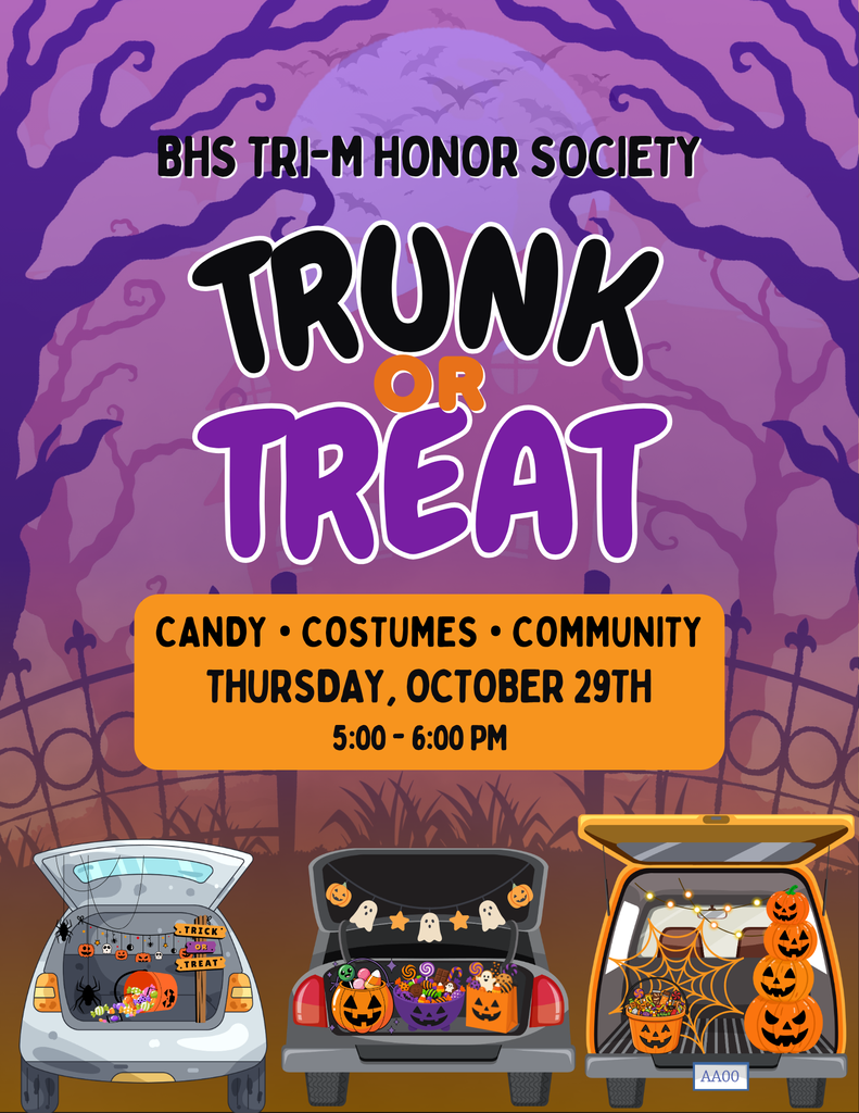 bhs trunk or treat flyer with animated images of car trunks full of halloween decorations and candy