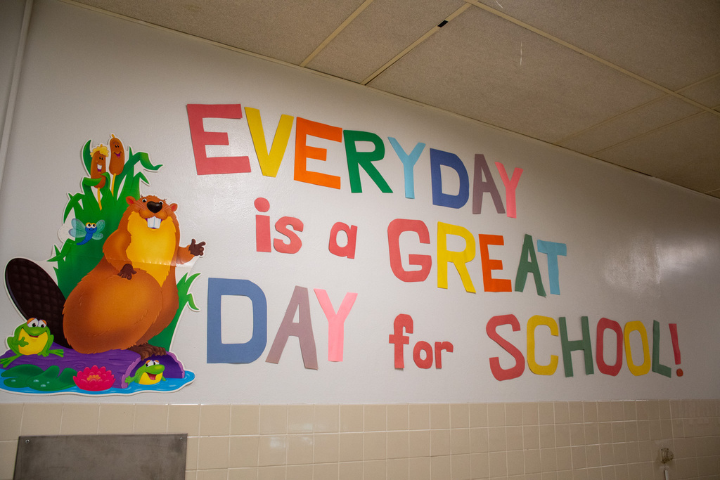 poster in school with picture of beaver and frogs that says "everyday is a great day for school!"
