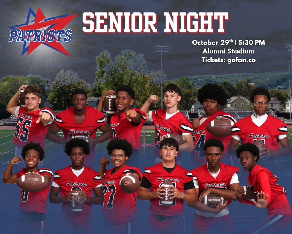 senior night graphic with images of 12 seniors from varsity football team