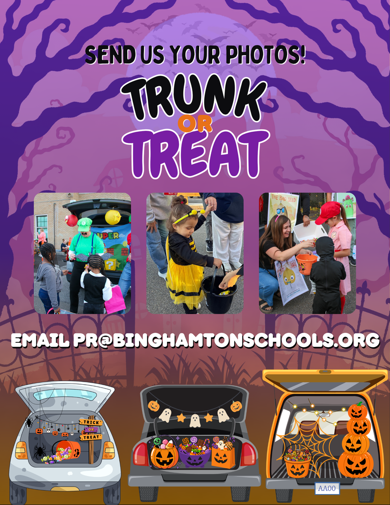 trunk or treat flyer with images of previous trunk or treat events and call to action asking for photos to be emailed to pr@binghamtonschools.org