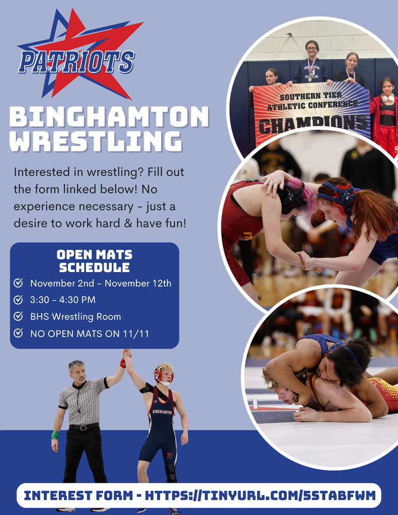 patriots wrestling flyer with images of binghamton wrestlers, open mat schedule, and link to interest form