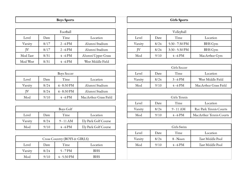 table with dates, times, and locations of athletics start dates