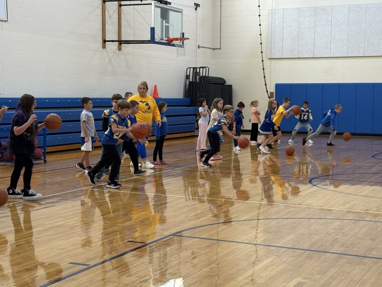 4th graders work on basketball skills in gym 