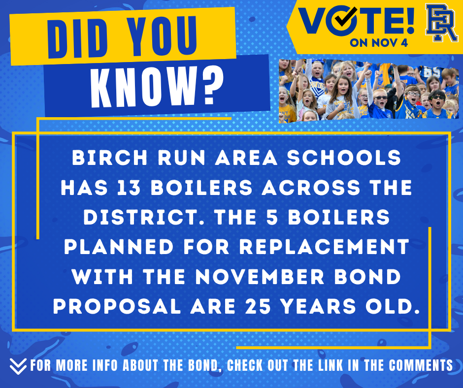 Did you know? Birch Run Area Schools has 13 boilers across the district. The 5 boilers planned for replacement with the November bond proposal are 25 years old.
