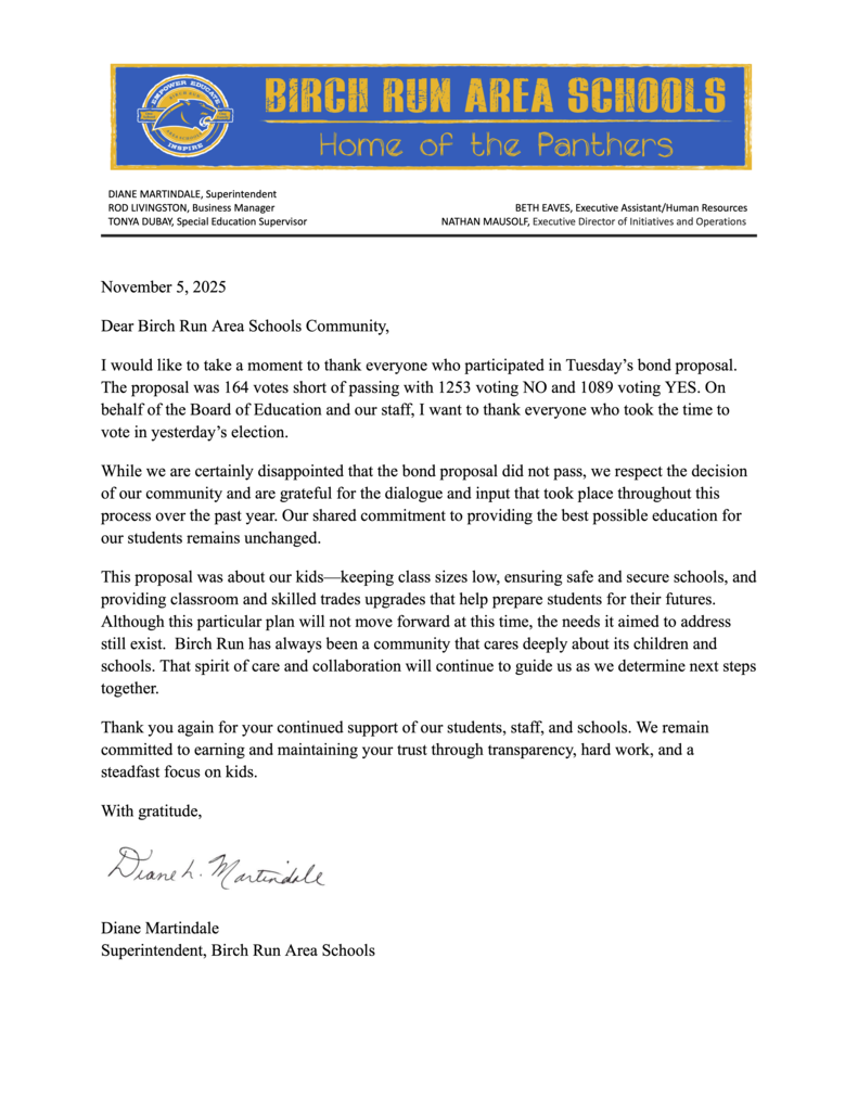 Mrs. Martindale's letter regarding the bond proposal results.