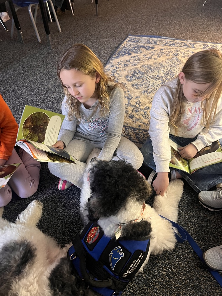 Kids read with the therapy dog