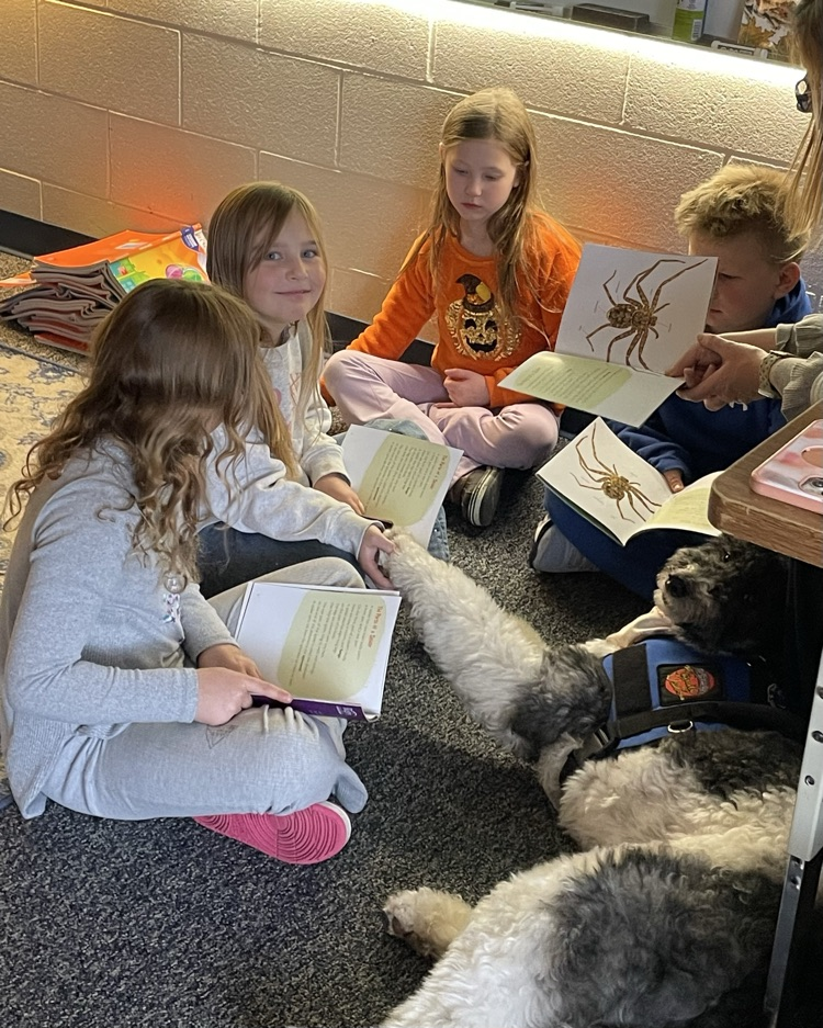 Kids read with a therapy dog.