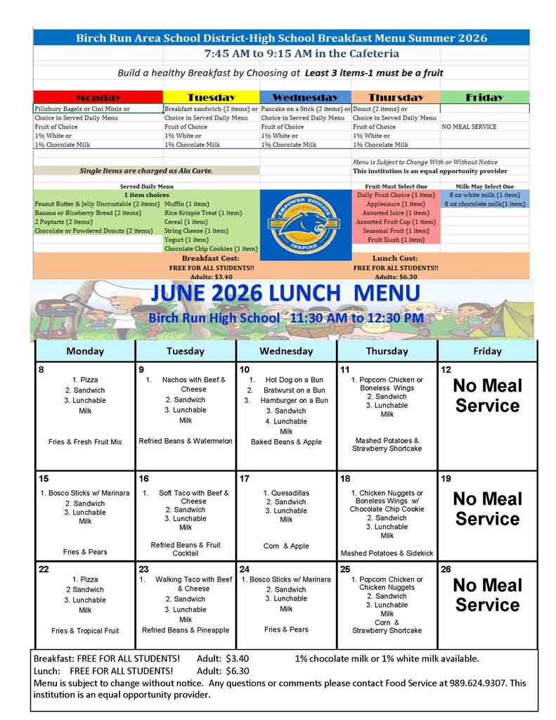Free Summer Breakfast and Lunch Program Menu