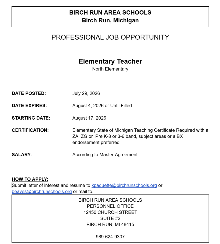 Elementary Teacher Job Posting