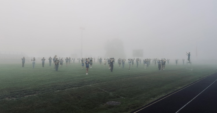 The BRHS band practices in the fog in preparation for the first home football game of the year.