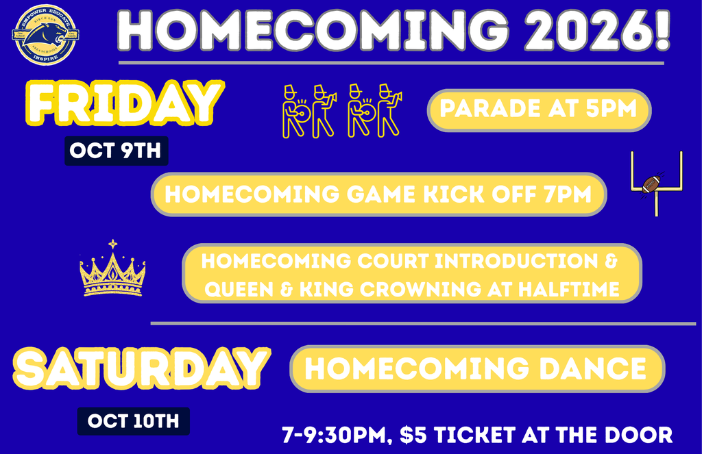 Homecoming events on Friday Oct 9th: Parade is at 5pm, Game starts at 7pm. Homecoming dance is on Saturday Oct 10th from 7-9:30pm
