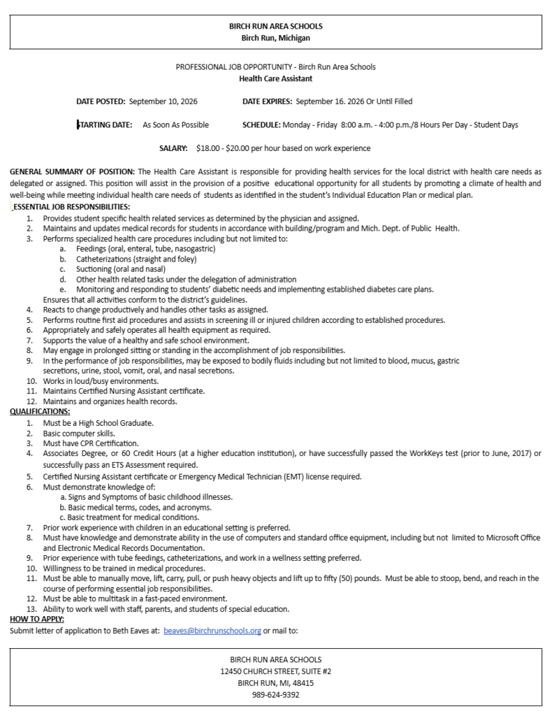 Health Care Assistant Job Posting