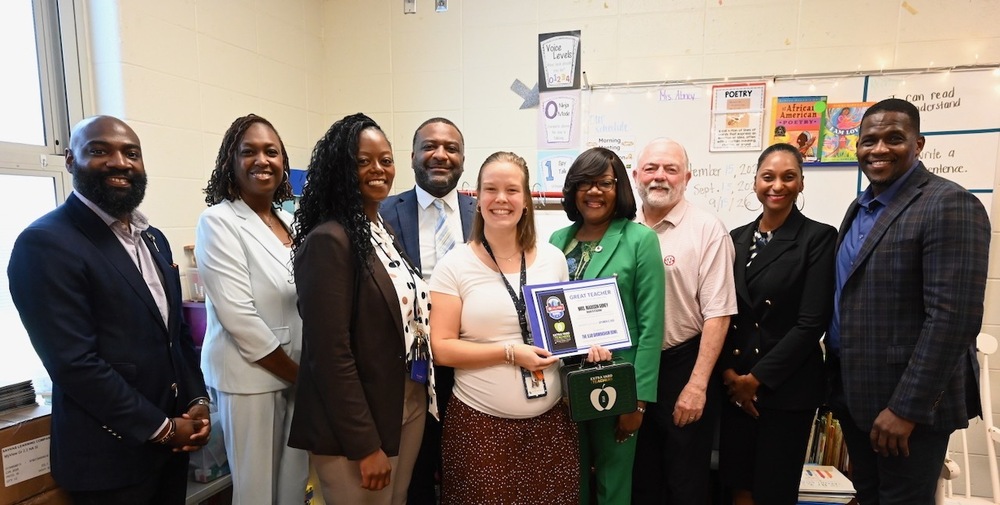 Board Vice President James Sullivan, HR Coordinator Livia Pleasant, Hayes Principal Lindi Clancy, Chief of Staff Dr. Terry Lamar, Hayes Teacher Madison Abney, HR Director Dr. Corvetta Clasberry, J_Labs Bowl Mark Meadows, Dr. Ann McGough, Board President Sherman Collins