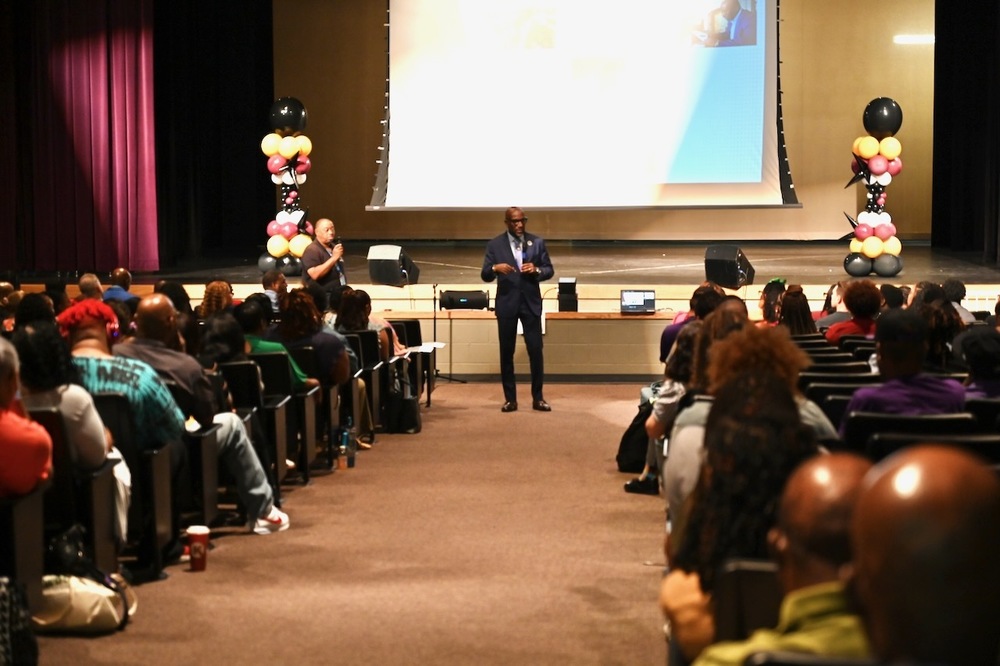 Dr. Mark Sullivan addresses attendees at the Strategic Plan Update Meeting held at A.H. Parker High School on July 29.