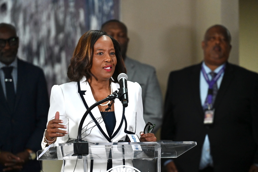 Ramsay Principal Dr. Carolyn Russell-Walker speaks at the Stop the Violence Classic press conference.