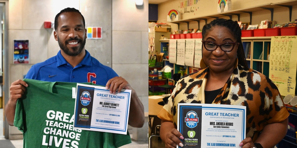 Aubrey Bennett and Andrea Bobbs receive their prizes from the JLabs Birmingham Bowl