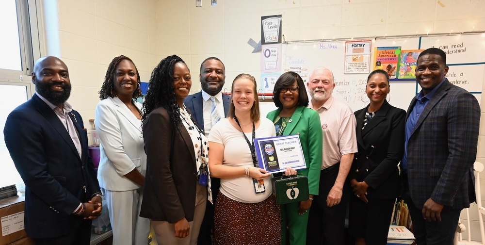 Board Vice President James Sullivan, HR Coordinator Livia Pleasant, Hayes Principal Lindi Clancy, Chief of Staff Dr. Terry Lamar, Hayes Teacher Madison Abney, HR Director Dr. Corvetta Clasberry, J_Labs Bowl Mark Meadows, Dr. Ann McGough, Board President Sherman Collins