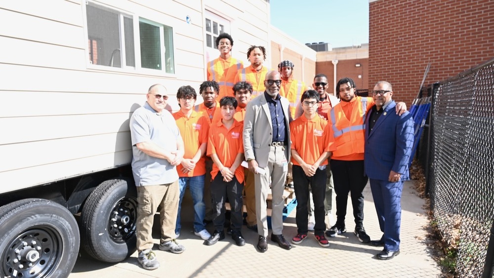 Huffman Academy of Architecture and Construction scholars with Superintendent Dr. Mark Sullivan, Board President Sherman Collins, and Instructional Superintendent Dr. Charles Willis