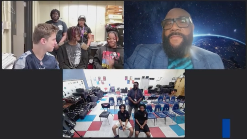 John Williams (top left) talks with students at Putnam (top right) and W.J. Christian