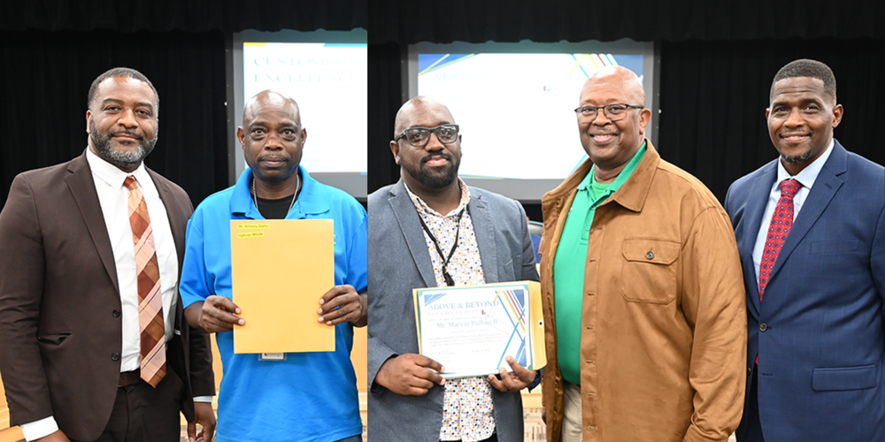 Chief of Staff Dr. Terry Lamar, Anthony Starks, Marvin Pullom, and Principal Jeffrey Willis of Huffman Middle School, and Board Member Sherman Collins