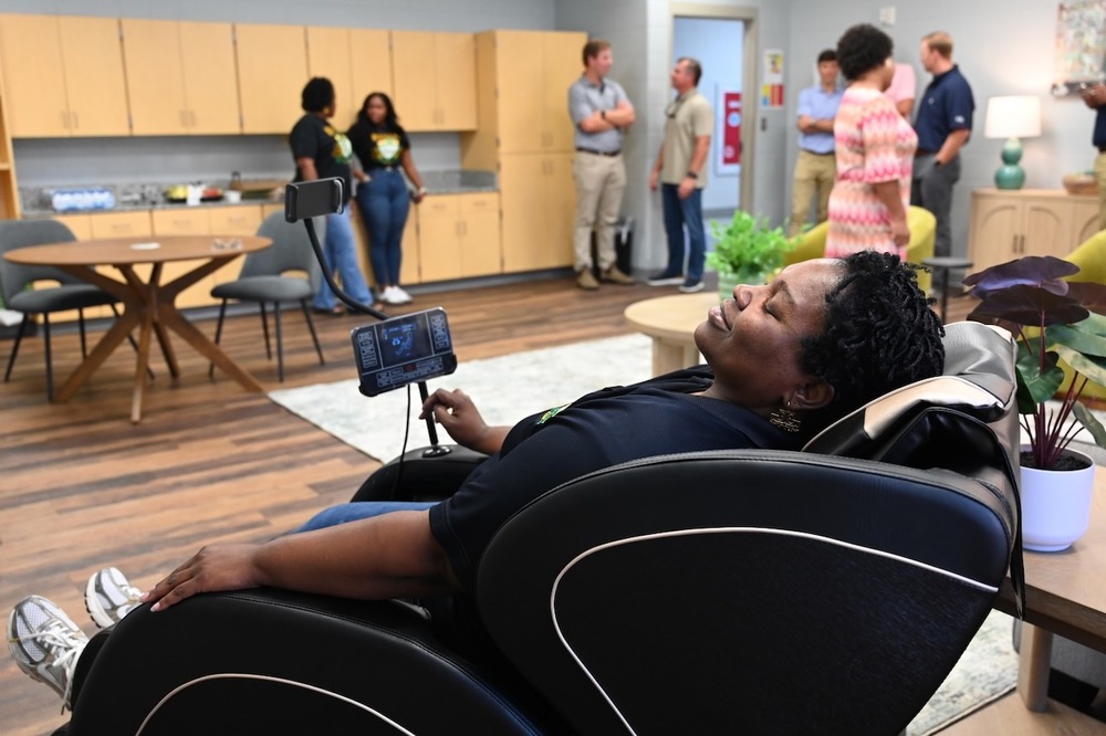 A teacher relaxes at The Oasis