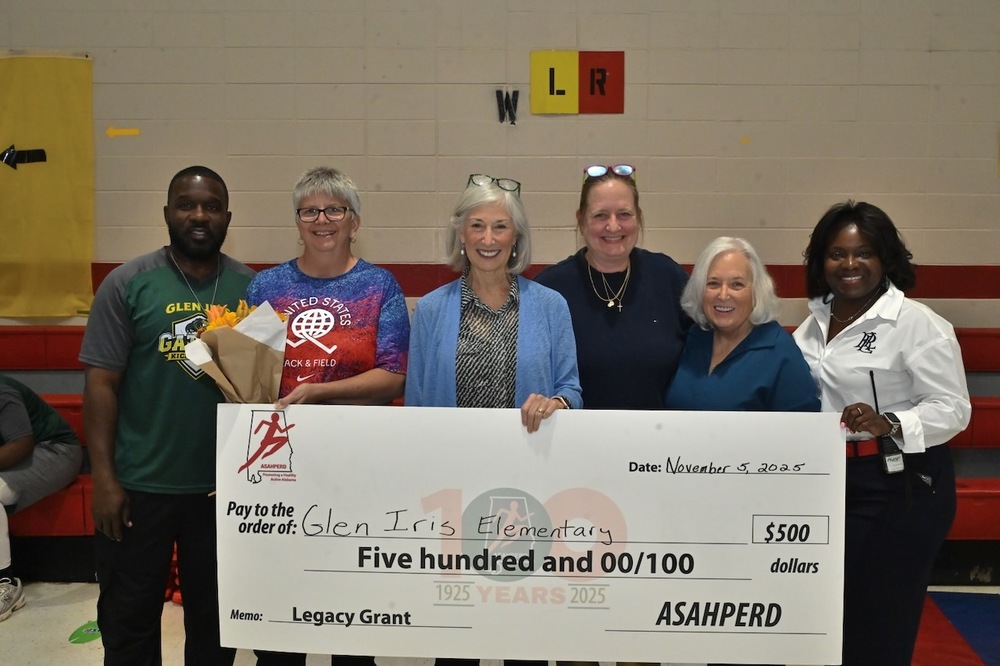Coaches Alphonzo Lewis and Sharon Smith, Board Member Mary Boehm, BCS PE Coordinator Dr. Sherri Huff, ASAHPERD's Wanda Gilmore, and Glen Iris Principal Troncie Southall-Mason
