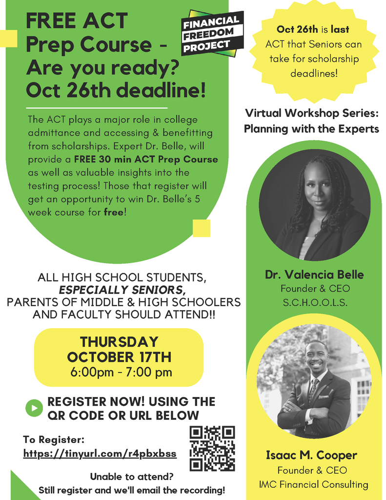Our partners at Financial Freedom Project are hosting a FREE ACT prep webinar TONIGHT at 6pm. Register at https://tinyurl.com/r4pbxbss to attend OR receive the recording #SuccessStartsHere
