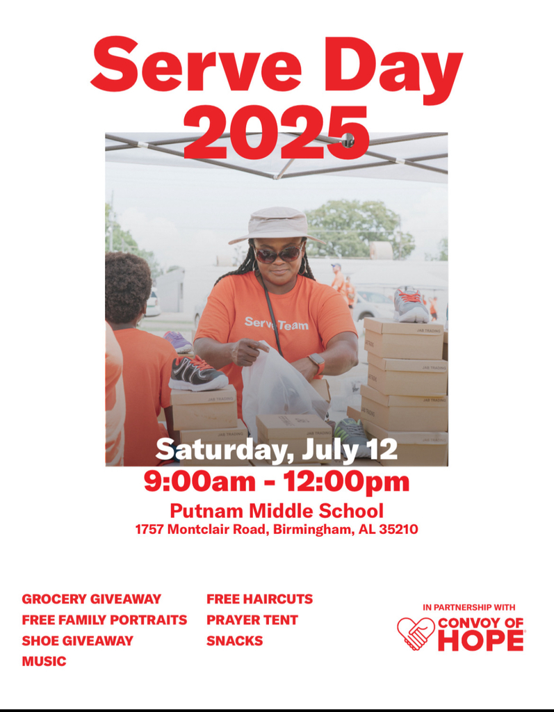 Serve Day 2025: In partnership with Convoy of Hope, this event includes grocery giveaway, free family portraits, shoe giveaway, music, free haircuts, prayer tent, and snacks! Saturday, July 12, 9am-12pm, Putnam Middle School