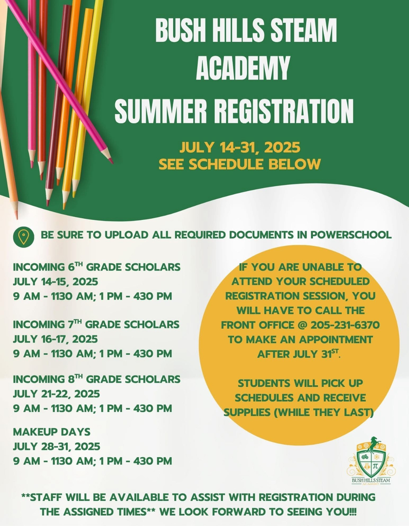 Bush Hills STEAM Academy Summer Registration Schedule