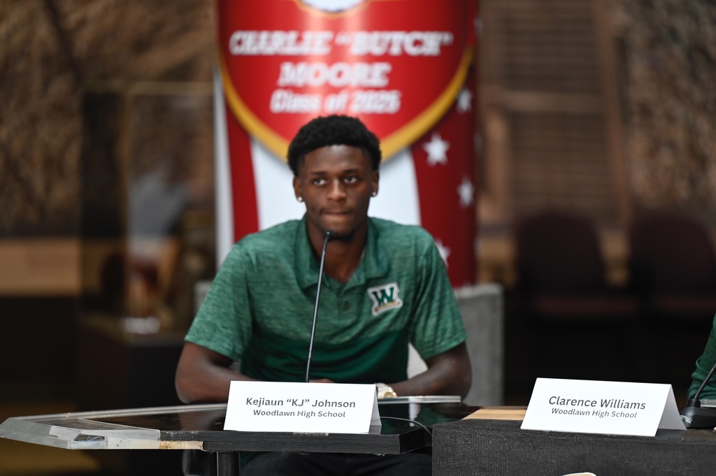 Kejiaun "KJ" Johnson listens to the media's questions.