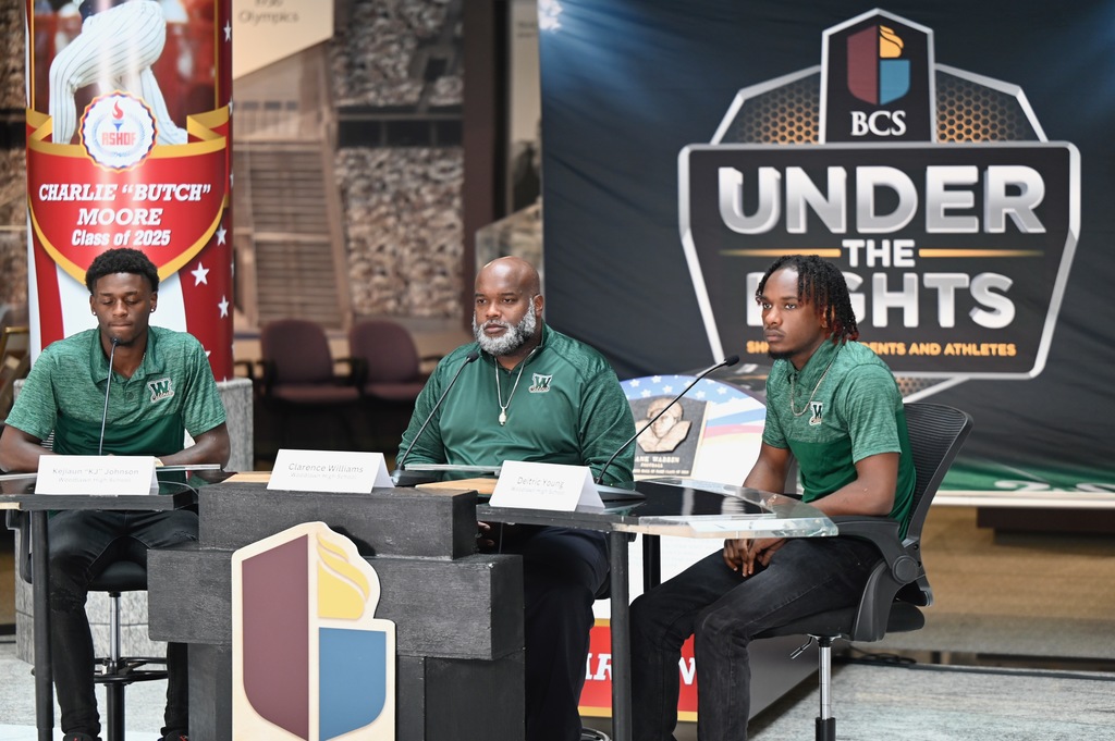 Kejiaun "KJ" Johnson, Coach Clarence Williams, and Deitric Young take the stage at BCS Under the Lights Media Day