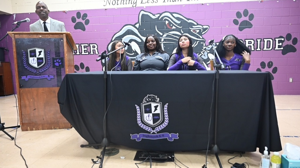 Principal Dr. Steve Brown moderates media day for the volleyball team